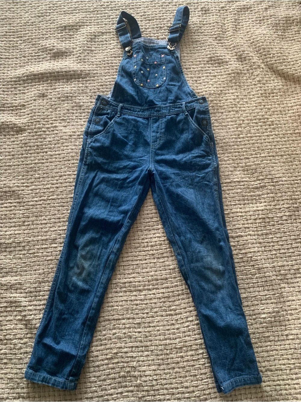 White stuff Kids Dark Blue polka dot Denim Overalls with Pockets. Age 7-8.